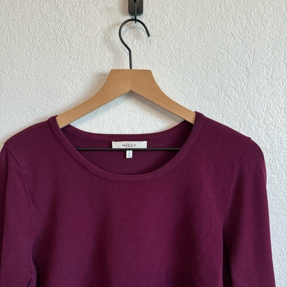 Milly Ostrich Feather Trim Crew Neck Pullover Sweater Burgundy Red Purple L - Picture 3 of 10